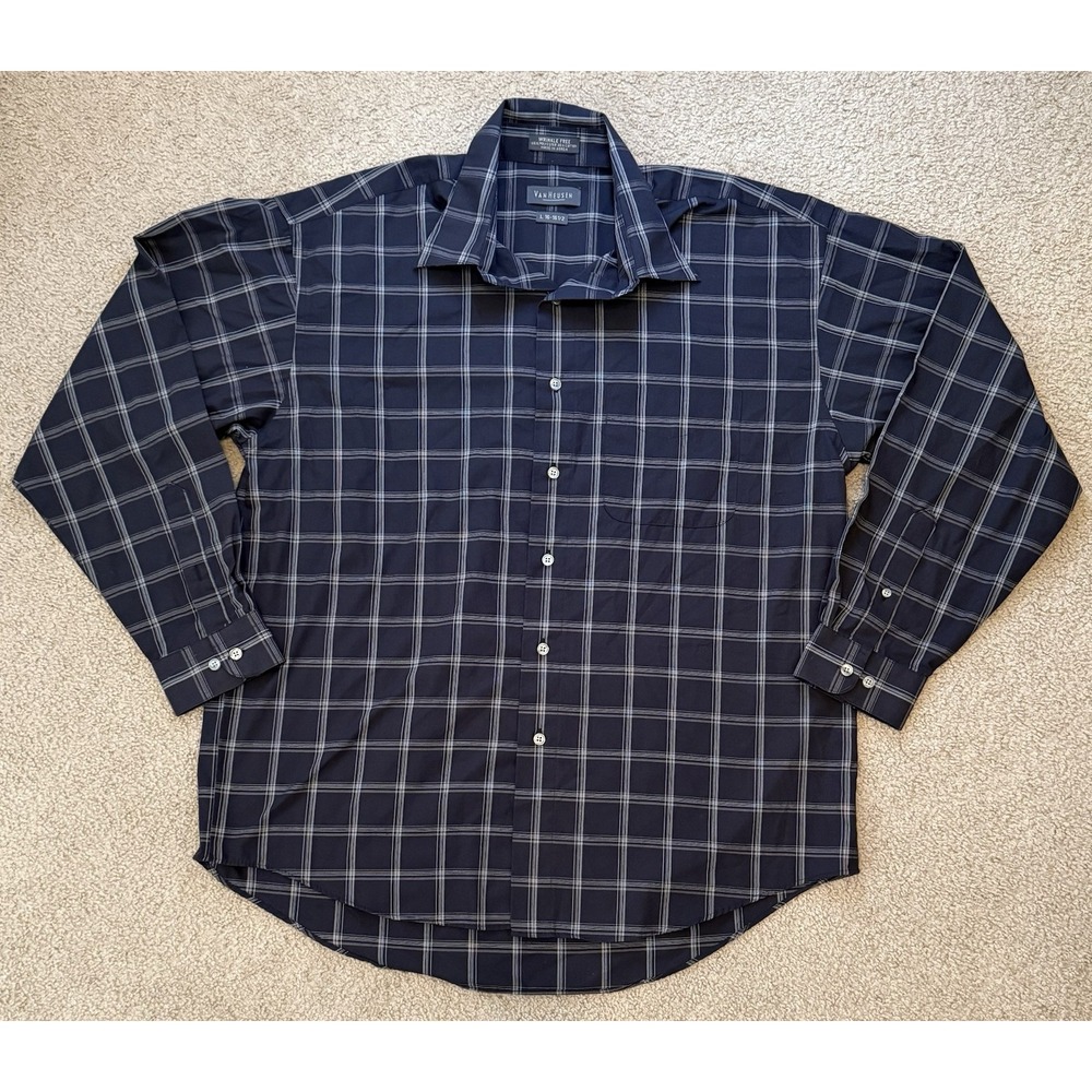 Van Heusen Fitted Men's Shirt Size L 16/16.5 Blue Plaid Button Up Long Sleeve